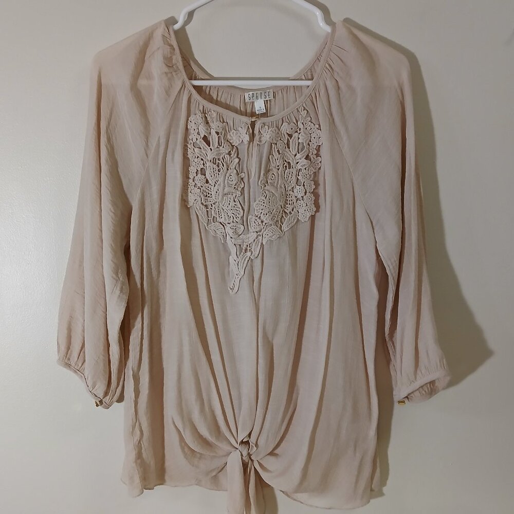 Spense tie-front cream colored blouse with embroidery - size small